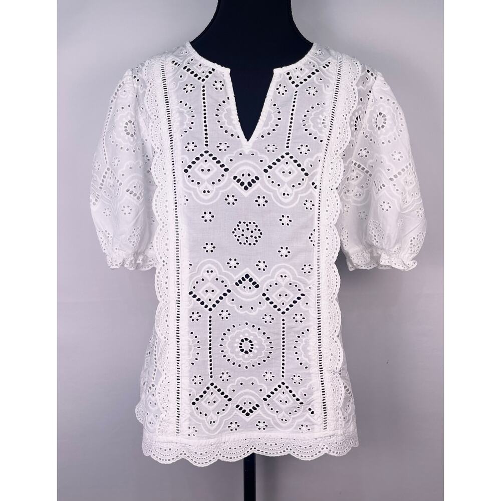 J. McLaughlin Jonie White Eyelet Cotton Blouse Split Neck Puff Sleeve Size L